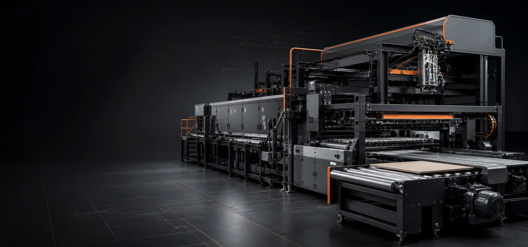 large automated industrial production machine in a dark facility