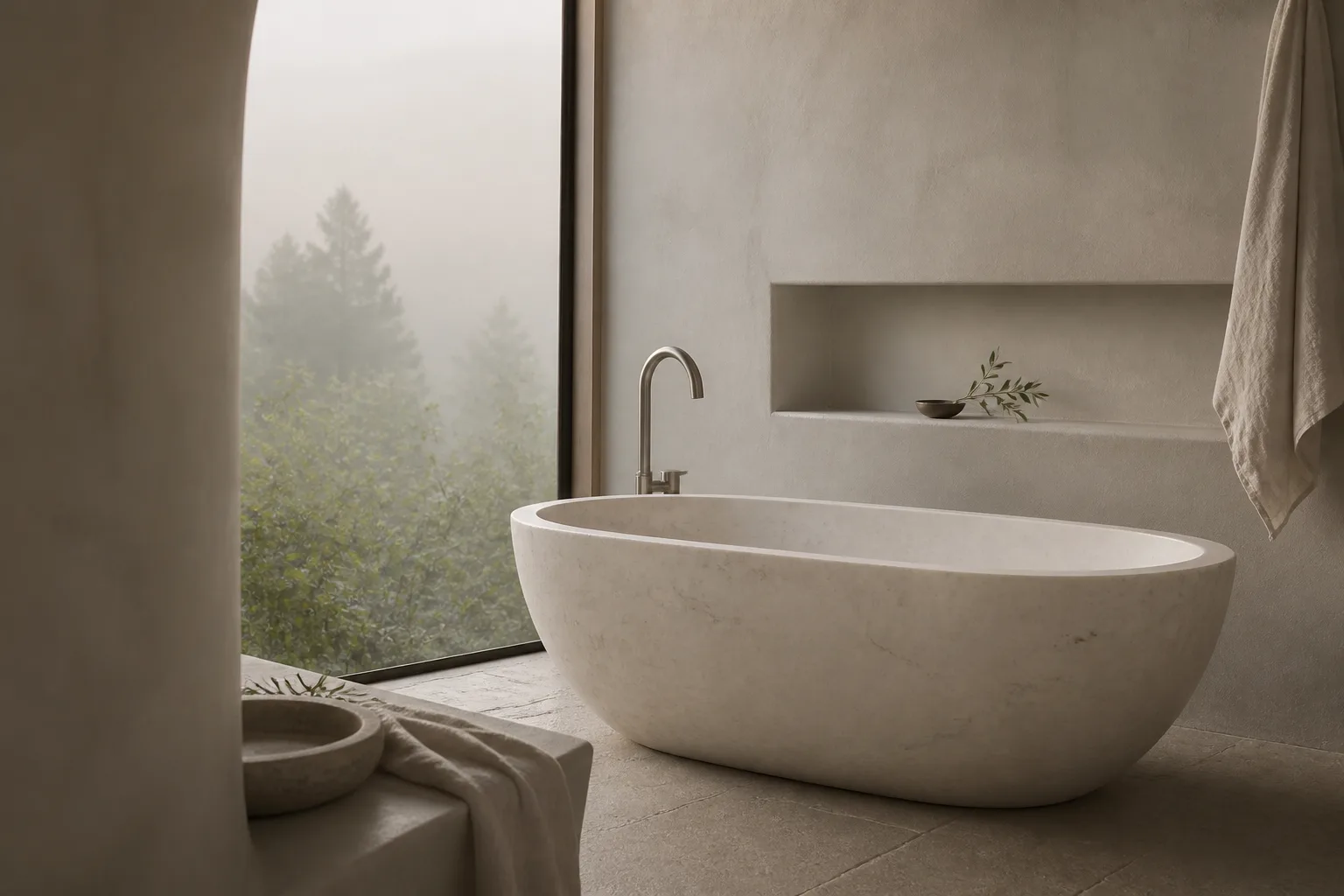 sculptural stone bath in a calm natural interior